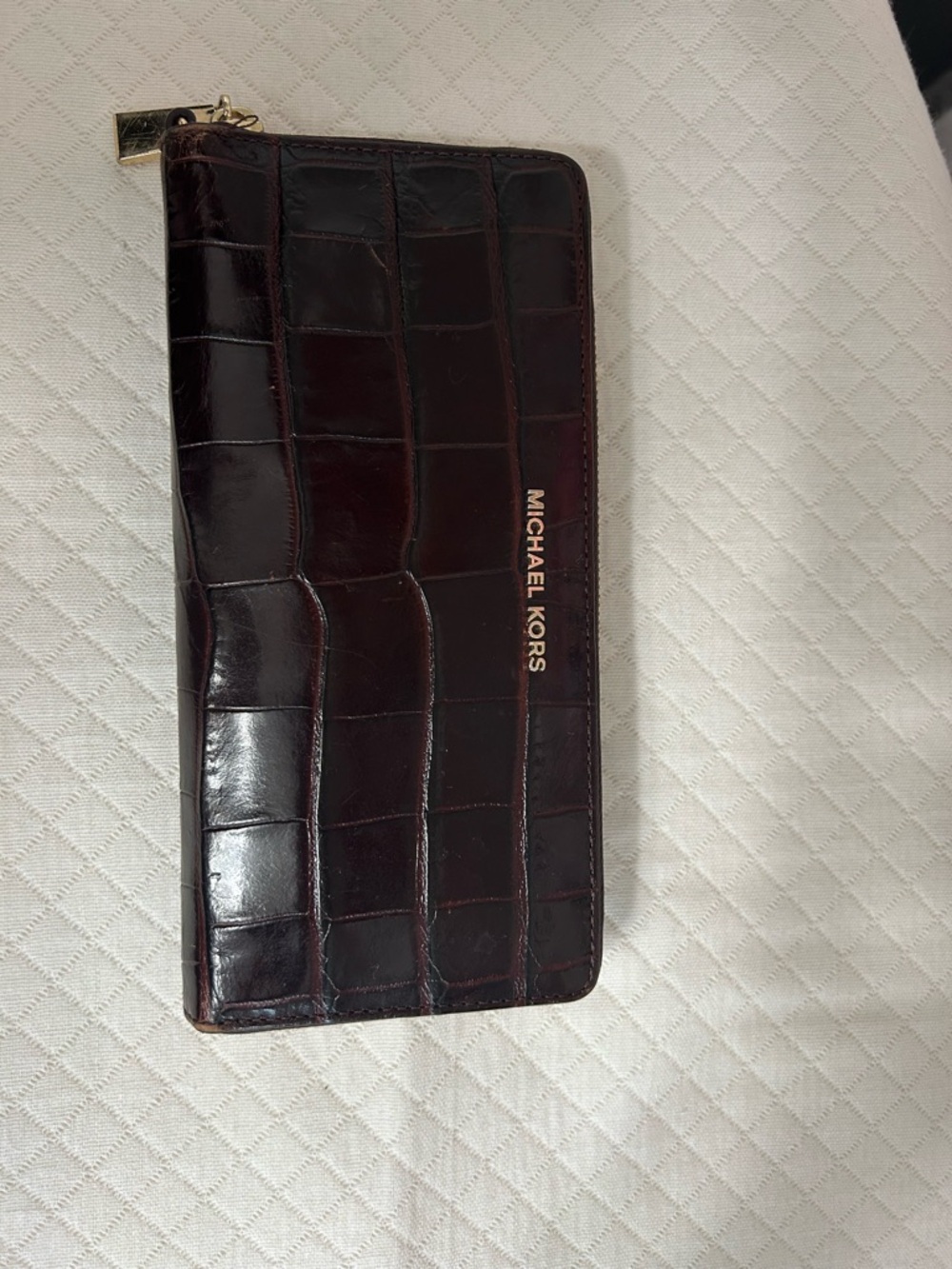 Michael Kors Croc-Embossed Zip Wallet in Dark Burgundy with Gold Hardware